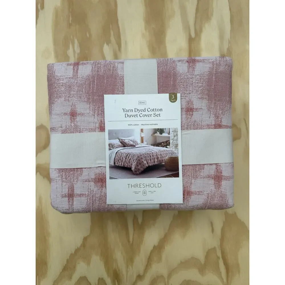 Threshold King Yarn Dyed Cotton Duvet Cover Set Pink Geometric Boho Cottagecore